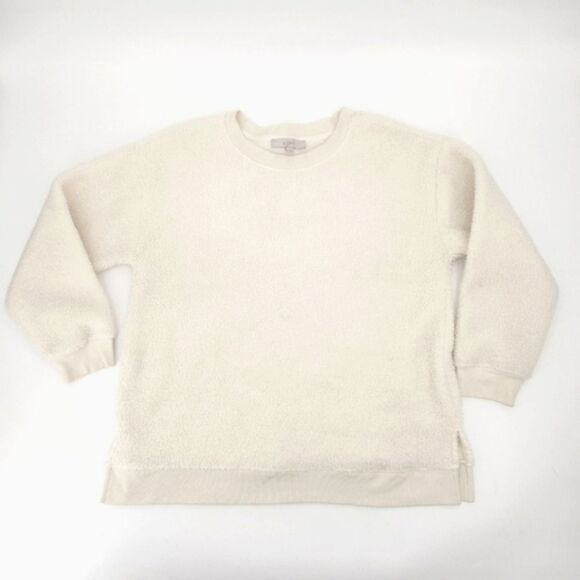 LOFT Sweatshirt Size Medium Womens Ivory White Crewneck Fuzzy Fleece Faux Sherpa - Picture 1 of 6